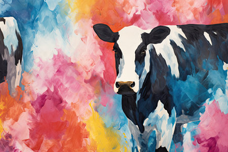 Watercolor cow on a multicolored background.の素材