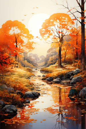 Autumn landscape with river, forest and sun.の素材