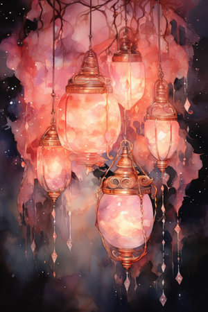Watercolor Vintage lanterns hanging on a tree.の素材