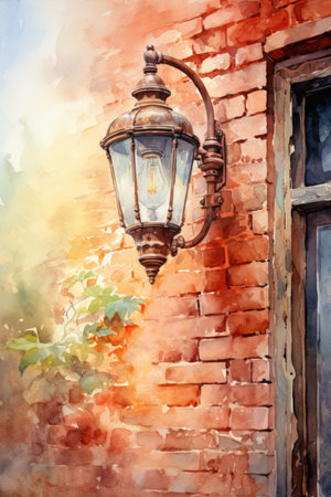 Watercolor Vintage street lamp on a brick wall.の素材