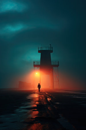 Silhouette of a man standing in front of a lighthouse.の素材
