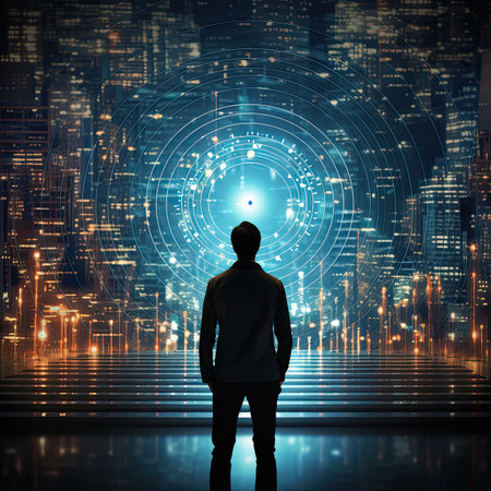 Back view of businessman looking at night city and digital interface. Technology conceptの素材