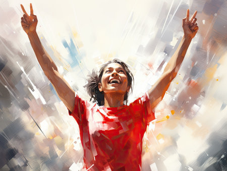 Portrait of happy young woman with raised hands and closed eyes.の素材