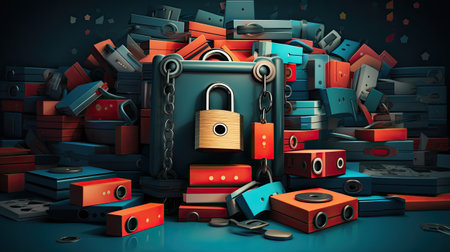 a pile of paper folders with a padlockの素材