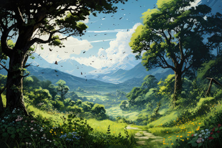 Beautiful landscape with mountains, meadow and forest.の素材