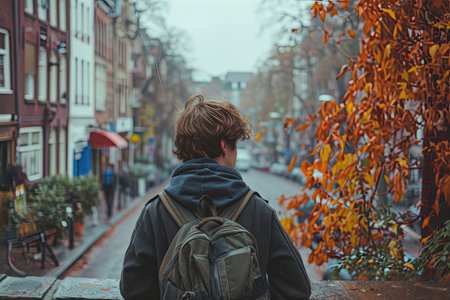 A young man with a backpack walks along the city street in autumn.の素材