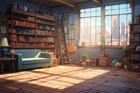 Interior of a living room with a blue sofa, armchair and a bookcase.の素材