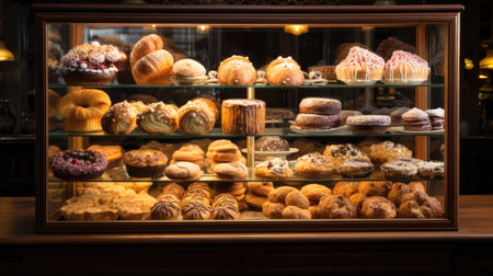 Bakery shop window display with assortment of pastries and pastriesの素材