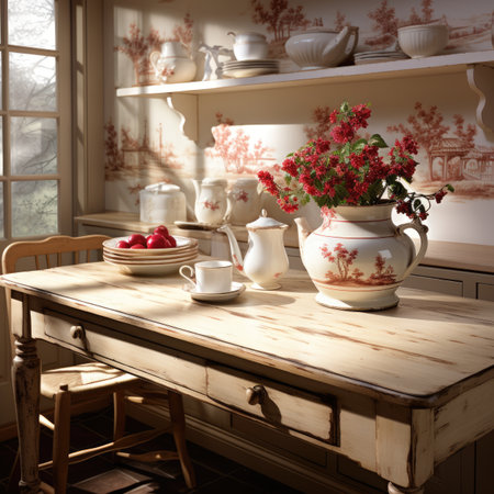 Vintage kitchen interior with tableware and flowers.の素材