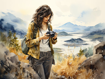 a woman with a camera in her hand, in the mountains.の素材