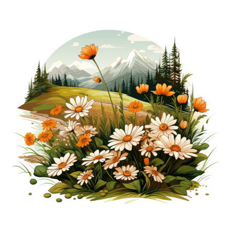 Meadow with daisies and mountains.の素材