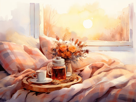 Still life with cup of tea and flowers on windowsill at sunsetの素材