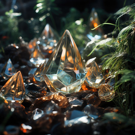 crystal glass in the forest with green grass and bokehの素材