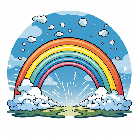 Rainbow and clouds in the sky. Cartoon style.の素材
