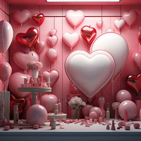 Valentine's day background with pink and white balloons, gift boxes, candles and hearts.の素材