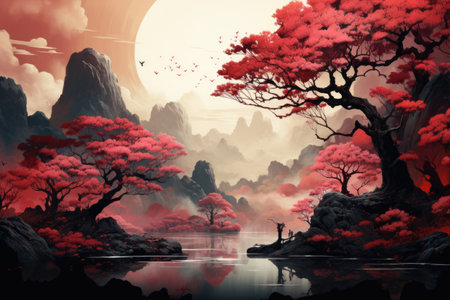 Fantasy landscape with red trees and lake.の素材