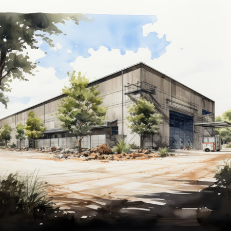 an industrial building with blue sky in the background.の素材