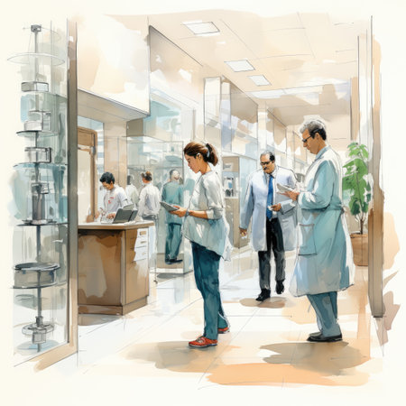 Watercolor medical team in a hospital corridor.の素材