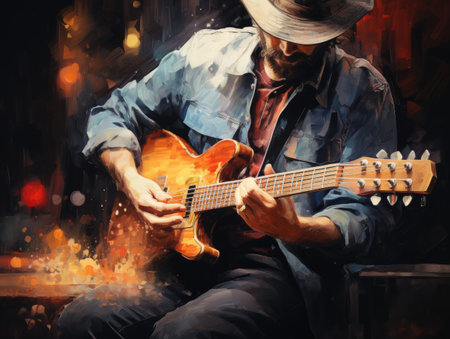 Guitarist playing the guitar in the night city.の素材