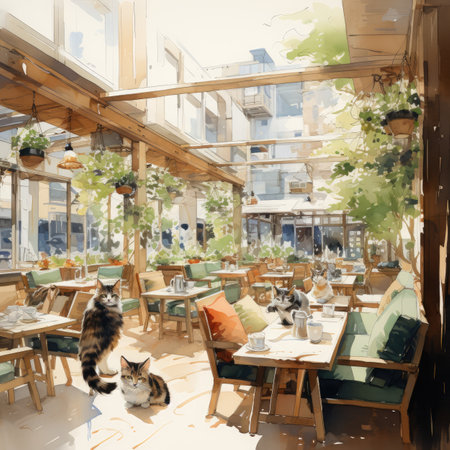 Cafe terrace with tables, chairs and cats.の素材
