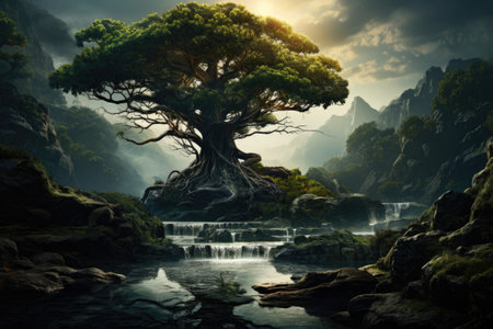 Fantasy landscape with a big tree in the middle of the riverの素材