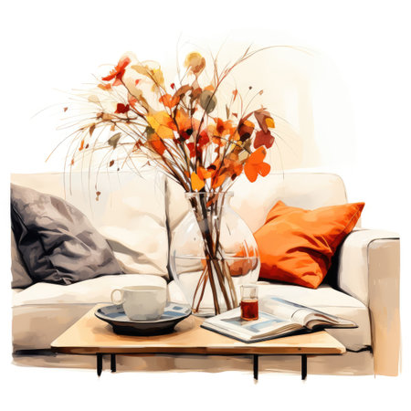 Modern living room interior with sofa, coffee cup, book and vase with autumn leavesの素材