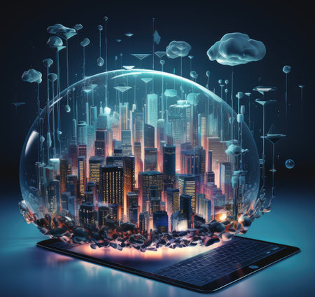 Laptop and a sphere on the background of the city.の素材