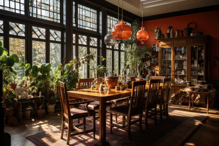 Interior of a cozy room with wooden furniture and plants in potsの素材