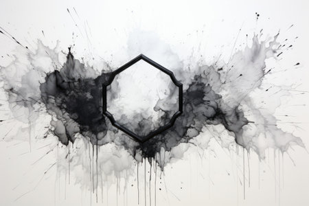 Hexagon made of black and white ink on white background.の素材