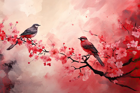 Watercolor painting of two birds on a branch of sakura.の素材