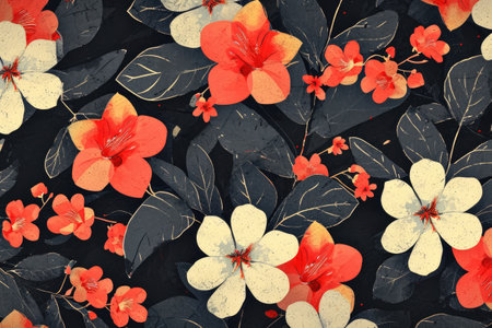 pattern with red and white flowers on black background.の素材