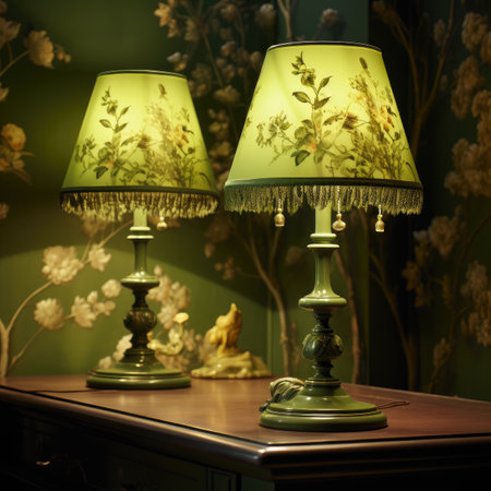 Lamps on a table in a room with a green wall.の素材