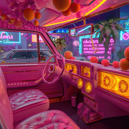 Vintage car interior with neon lights.の素材
