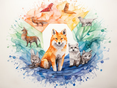 Watercolor illustration of a group of foxes on a watercolor backgroundの素材