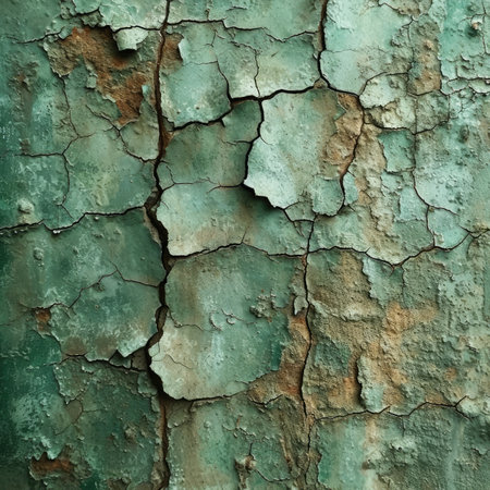 Background of cracked green paint on old rusty metal surface. Close up.の素材