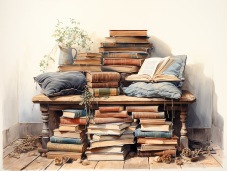 Pile of old books on a wooden table. Vintage style.の素材