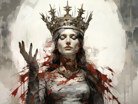 Portrait of a beautiful woman in a crown with blood on her faceの素材
