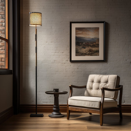 Interior of a living room with a chair and a lamp.の素材