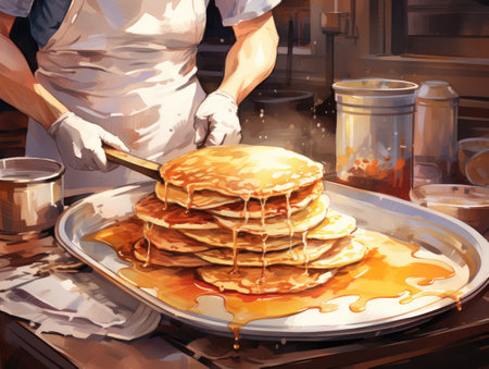 Chef cooking pancakes in the kitchen. Concept of a tasty breakfast.の素材