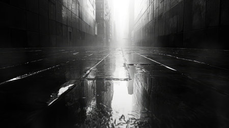 Reflection of building in a puddle. Black and white.の素材