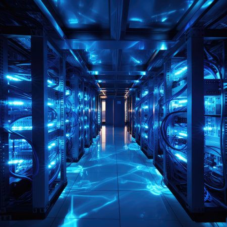 server room data center with rows of blue neon lightsの素材