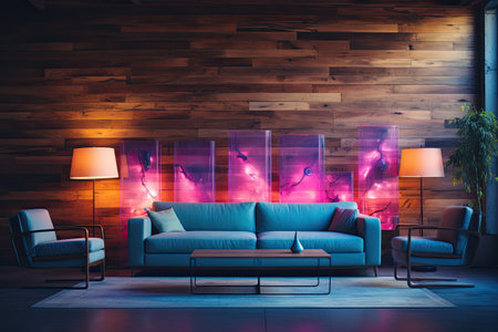 Modern living room interior with blue sofa, armchairs and night lights.の素材