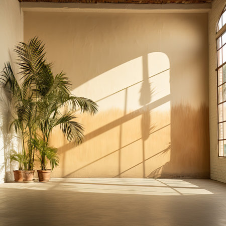 Interior of a room with a large window and a palm treeの素材