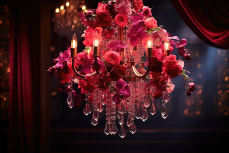 Beautiful luxury chandelier with red roses on dark room backgroundの素材
