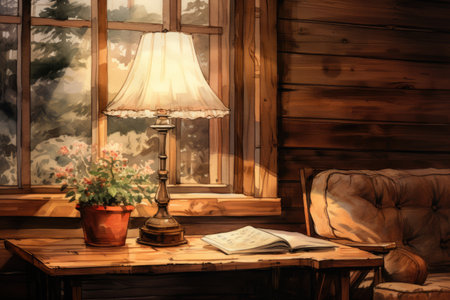 Interior of a wooden house in the countryside with a lamp and a bookの素材