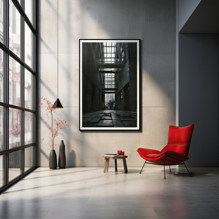 modern living room with red armchair, potted plant and windowの素材