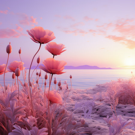 Beautiful sunset over the sea with red poppies.の素材