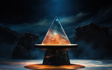 an abstract fantasy landscape with a crystal in the foregroundの素材