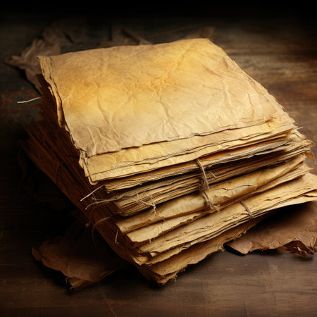 stack of old papers on a wooden background. tinting. selective focusの素材
