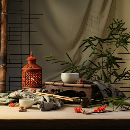 an oriental interior with bamboo, lanterns, candles and incenseの素材